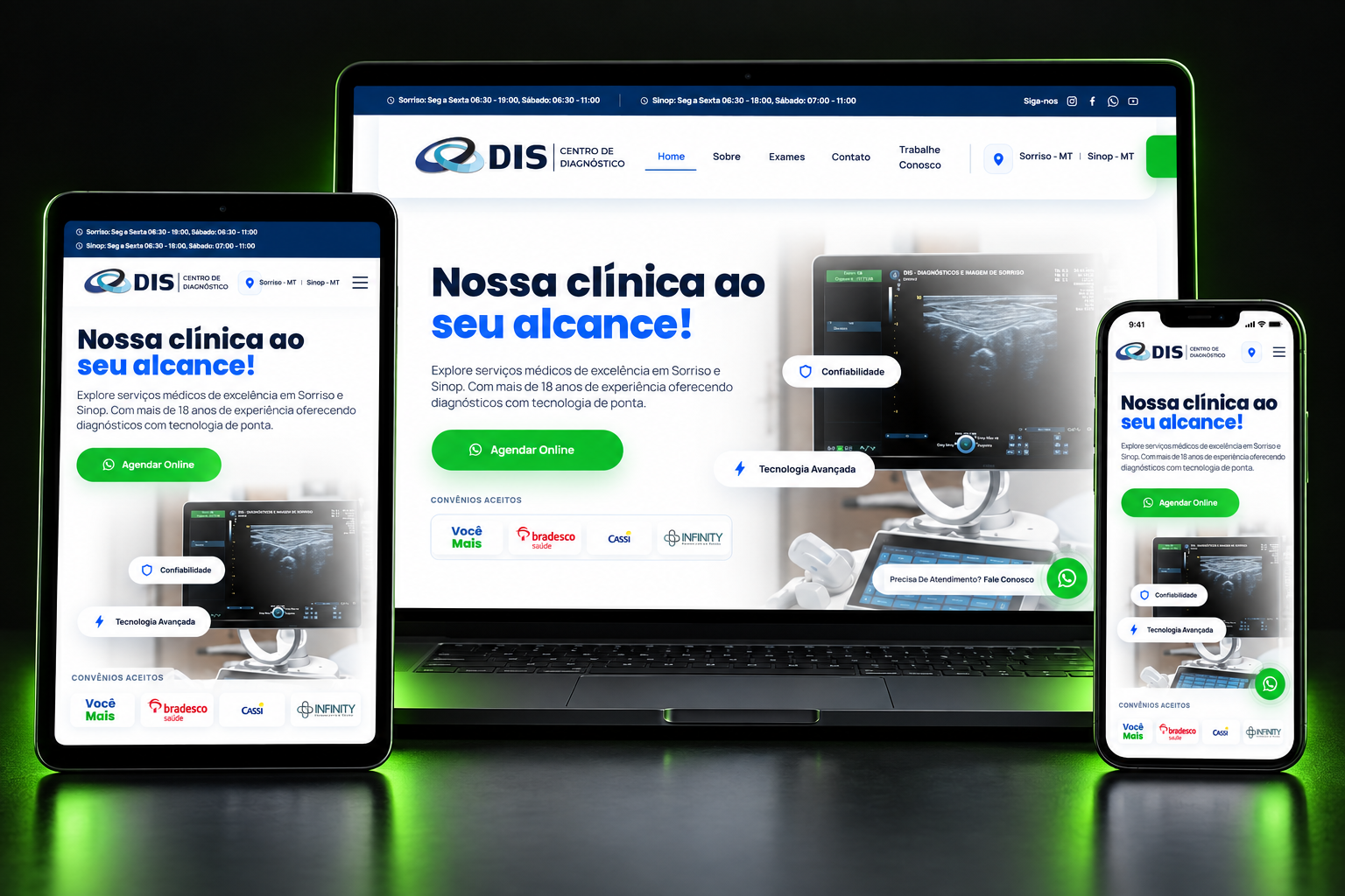 Mockup do projeto DIS Centro de Diagnóstico apresentado em notebook, tablet e celular